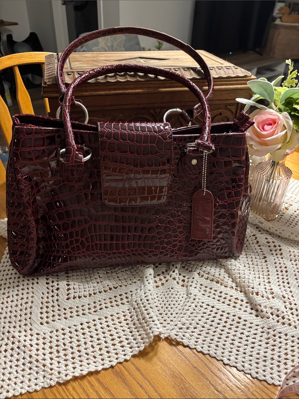 Croc-Embossed Satchel Handbag - Deep Burgundy